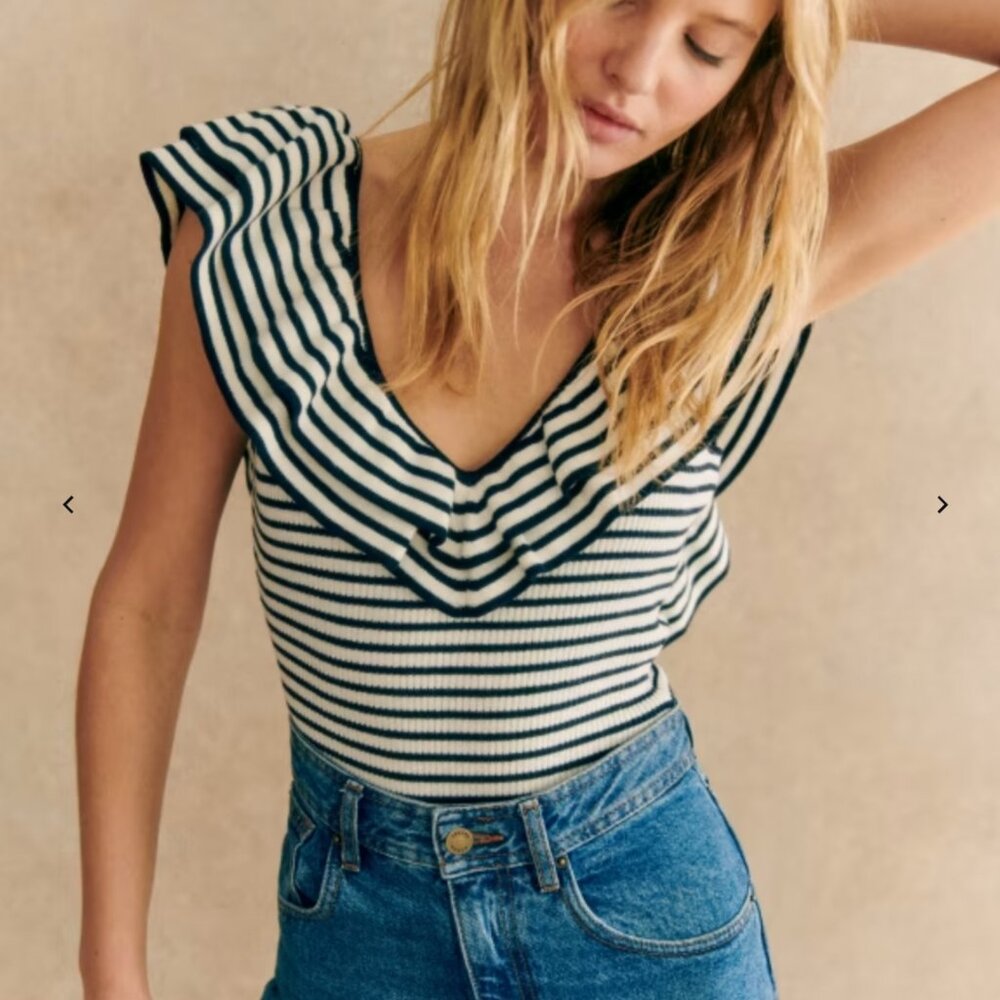 Sézane Isabella Bodysuit – Ecru / Navy – M